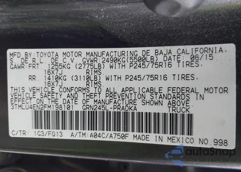 2015 Toyota Tacoma Base V6 из США, поврежденный, VIN 3TMLU4EN2FM198101